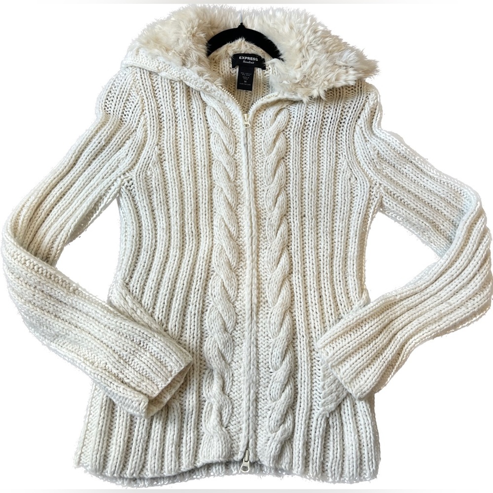 M Express White Fur Trim Zip-Up Sweater